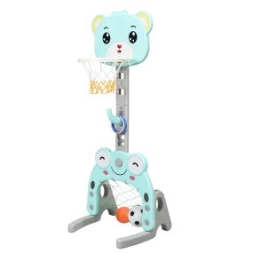 Canasta de Baloncesto y Fútbol con Forma de Oso Centro Actividad 3 en 1 para Niños Turquesa y Gris 54 x 49 x 133-158 cm