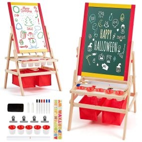 Caballete para Niños 3 en 1 de Doble Cara con Rollo de Papel Magnética 2 Tizas y Otros Accesorios para Dibujar 79 x 52,5 x 106,5 cm