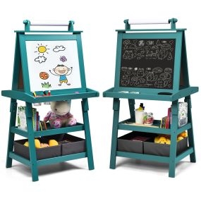 Caballete para Niños de Doble Cara 3 en 1 con 2 Repisas 2 Cajas y Amplia Bandeja Azul 59 x 50 x 117 cm