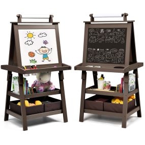 Caballete para Niños de Doble Cara 3 en 1 con 2 Repisas 2 Cajas y Amplia Bandeja Café 59 x 50 x 117 cm