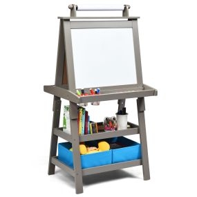 Caballete para Niños Trípode de Doble Cara 3 en 1 con Pizarra Blanca y Negra y Rollo de Papel Amplia Bandeja Gris 59 x 50 x 117 cm