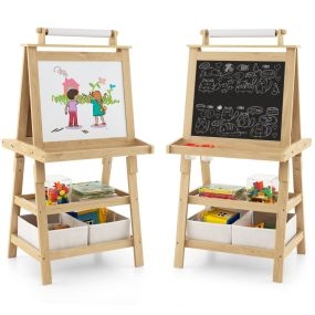 Caballete para Niños de Doble Cara 3 en 1 con 2 Repisas 2 Cajas y Amplia Bandeja 59 x 50 x 117 cm-Natural