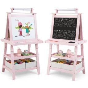Caballete para niños de doble cara 3 en 1 con 2 repisas, 2 cajas y bandeja amplia 59 x 50 x 117 cm rosa