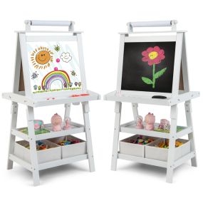 Caballete para Niños de Doble Cara 3 en 1 con 2 Repisas 2 Cajas y Amplia Bandeja 59 x 50 x 117 cm-Blanco