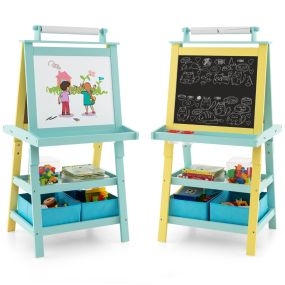 Caballete para Niños de Doble Cara 3 en 1 con 2 Repisas 2 Cajas y Amplia Bandeja 59 x 50 x 117 cm-Azul claro