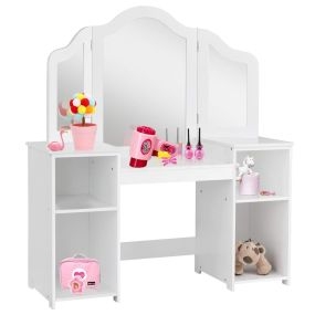 Tocador de Juguete 2 en 1 Desmontable con Mesa de Maquillaje y Escritorio 4 Estantes Grandes y Espejo de 3 Paneles para Niñas Blanco