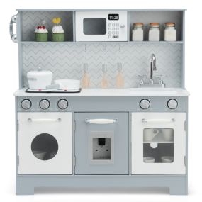 Cocina de Juego de Imitación para Niños Set de Cocina de Juguete de Madera con Utensilios de Accesorio Fregadero Teléfono Microondas Horno
