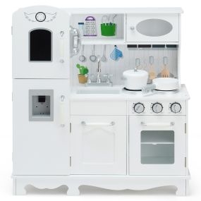 Juego de Cocina de Juguete de Madera para Niños con Accesorios Teléfono Fregadero Horno Nevera Dispensador de Agua Luz y Sonido Blanco