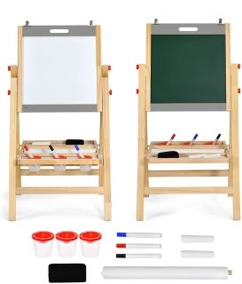 Caballete 3 en 1 Plegable para Niños Doble Pizarra para Pintar de Madera Altura Regulable con Borrador 3 Vasos para Pintura Gris