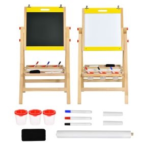 Caballete 3 en 1 Plegable para Niños Doble Pizarra para Pintar de Madera Altura Regulable con Borrador 3 Vasos para Pintura Amarillo