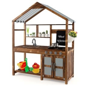 Juego de Cocina de Barro de Madera para Niños de 3-7 Años con Dosel Grifo Giratorio Fregadero Extraíble Perillas Realistas Natural