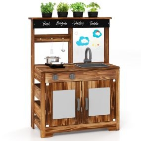 Cocina Juguete de Barro Cocinita Infantil de Madera de Abeto con 4 Accesorios para Cocinar Grifo Fregadero Pizarra Acrílica Jardinera Marrón
