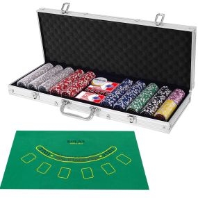 Set de 500 fichas de póker Texas Holdem con caja de aluminio para blackjack plata 56 x 20 x 6 cm