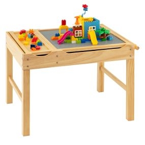 Mesa de Actividades Infantil de Madera con Tablero Reversible Compartimentos y Portarrollos 86,5 x 60 x 57 cm-Natural