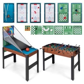 Mesa de Juego 14 en 1 con Baloncesto Billar Futbolín Ping Pong Hockey Bolos y Ajedrez para Fiesta Sala de Juegos Natural