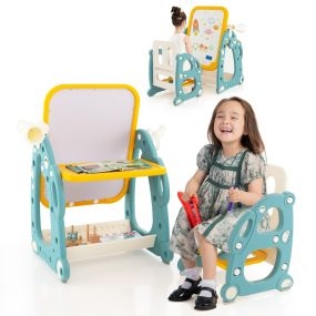 Juego de Mesa y Silla para Niños con Pizarra Ajustable de 3 Niveles Telescopio Canasta de Almacenamiento Marcadores Anillos Borrador Azul