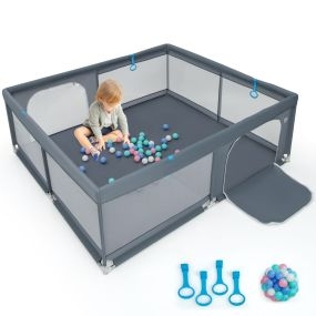 Parque de Juegos para Bebés con Malla Transpirable Suave Pelotas Base Antideslizante 200 x 180 x 68 cm-Gris