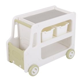 Organizador de Almacenamiento para Niños Gabinete en Forma de Coche 2 en 1 con Marco Estante de 2 Niveles Panel de Bloques Blanco