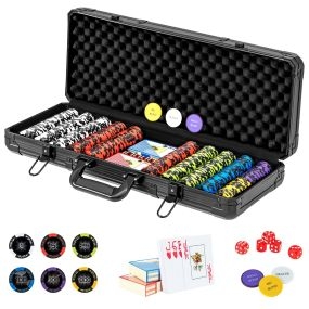 500 Fichas de Póker Texas Holdem con Estuche de Aluminio Barajas de Cartas Botones de Crupier y Dados para Casino Viajes y Reuniones Negro