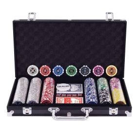 300 Piezas Fichas de Póker Set de 7 Colores Laser-Chips con Caja de Aluminio con Forro Acolchado
