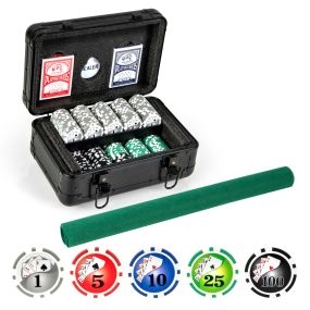 Juego de 300 Piezas Fichas de Póker Texas Holdem Fichas de Casino con 2 Barajas de Cartas Botón de Distribuidor Alfombra Estuche de Aluminio