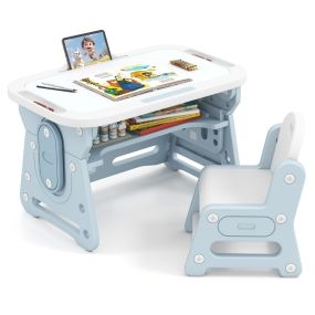 Conjunto de Mesa y Silla para Niños con Pizarra Inclinado Soporte para Libros y Estante Cóncavo para 3+ Años Azul