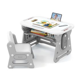 Conjunto de Mesa y Silla para Niños con Pizarra Inclinado Soporte para Libros y Estante Cóncavo para 3+ Años Gris