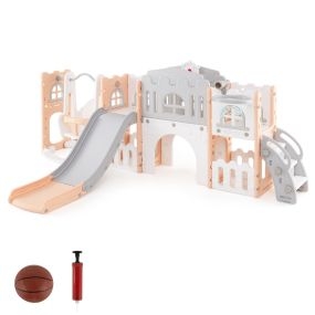 Juego de columpio y tobogán 10 en 1 para niños con canasta, telescopio y volante rosa