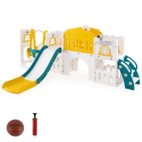 Juego de columpio y tobogán 10 en 1 para niños con canasta, telescopio y volante amarillo