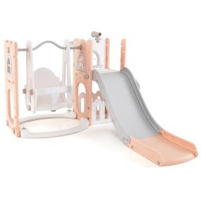 Conjunto de juego de tobogán en forma de L 7 en 1 con columpio, aro de baloncesto y telescopio rosa y gris