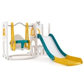 Conjunto de Juego de Tobogán en Forma de L 7 en 1 Juego de Tobogán Independiente con Columpio Aro de Baloncesto Telescopio Amarillo y Verde