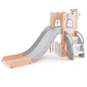 Tobogán Infantil 6 en 1 para Niños con Canasta de Baloncesto y Telescopio Parque Infantil con Espacio de Almacenamiento Rosa y Gris