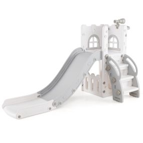 Tobogán Infantil 6 en 1 para Niños con Canasta de Baloncesto y Telescopio Parque Infantil con Espacio de Almacenamiento Gris y Blanco