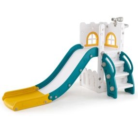 Tobogán Infantil 6 en 1 para Niños con Canasta de Baloncesto y Telescopio Parque Infantil con Espacio de Almacenamiento Amarillo y Verde