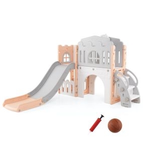 Tobogán infantil 9 en 1 con canasta, telescopio, volante, pasarela y túnel rosa 176 x 138 x 80 cm