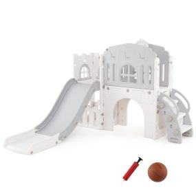 Tobogán infantil 9 en 1 con canasta, telescopio, volante, pasarela y túnel 176 x 138 x 80 cm gris y blanco