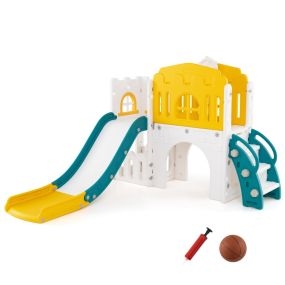 Tobogán infantil 9 en 1 con canasta, telescopio, volante, pasarela y túnel 176 x 138 x 80 cm amarillo