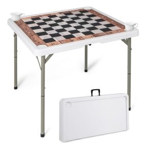 Mesa de Ajedrez Plegable de 90cm con Tapete Desmontable y 4 Soportes para Vasos Asa de Transporte
