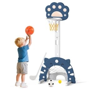Canasta de baloncesto 3 en 1 ajustable en altura con fútbol y golf para niños 65 x 49 x 130-151 cm azul