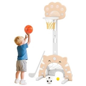 Canasta de baloncesto 3 en 1 ajustable en altura con fútbol y golf para niños 65 x 49 x 130-151 cm caqui