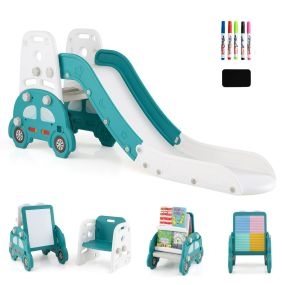 Juego de Tobogán Convertible 5 en 1 para Niños Pequeños Caballete de Arte Infantil con Taburete Estantería Pizarra Magnética Verde