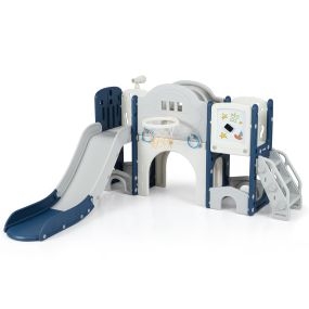 Conjunto de juego infantil multifunción con tobogán, pizarra y canasta 170 x 167 x 96 cm azul y gris
