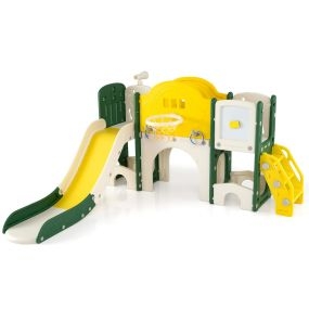 Juego de tobogán 10 en 1 para niños con pizarra magnética, telescopio, aros y canasta amarillo