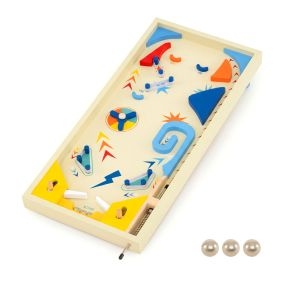Mesa de pinball de madera multicolor con lanzador elástico y 3 canicas metálicas 55 x 26 x 9,5 cm
