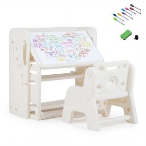 Conjunto Escritorio y Silla Infantil con Estanterías Laterales Cestas Almacenamiento Pizarra Borrable Estantes Abiertos para 3+ Años Crema