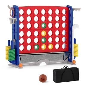 Juego Gigante 4 en Raya con Lanzamiento Aros Aro Baloncesto Palo Golf Portavasos Bolsa Ajustable Altura para Fiestas Rojo