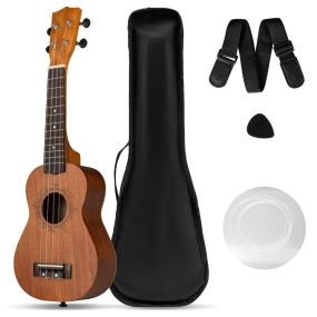 Ukelele de 21 Pulgadas para Adultos Principiantes Ukelele Soprano de Madera de Caoba con Funda Púa Correa Ajustable y Cuerdas Natural