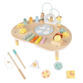 Mesa de Actividades 7 en 1 para Niños Montessori Sensorial de Madera con Laberinto de Cuentas y Xilófono para 12+ Meses Natural