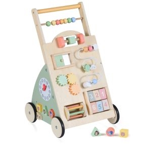 Andador de madera infantil con ruedas y cesta de almacenamiento Montessori natural y verde