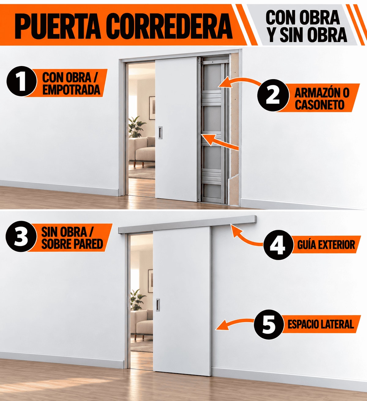 Comparativa de instalación de puerta corredera con obra y sin obra